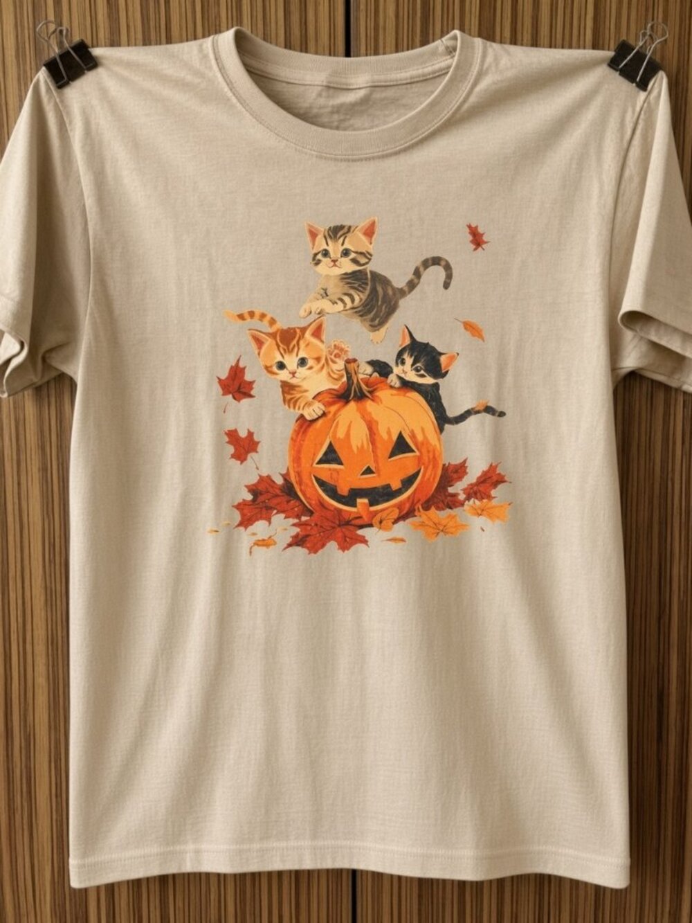 Playful Kittens Fall Pumpkin Leaves Graphic T-Shirt Gildan Cotton Tee